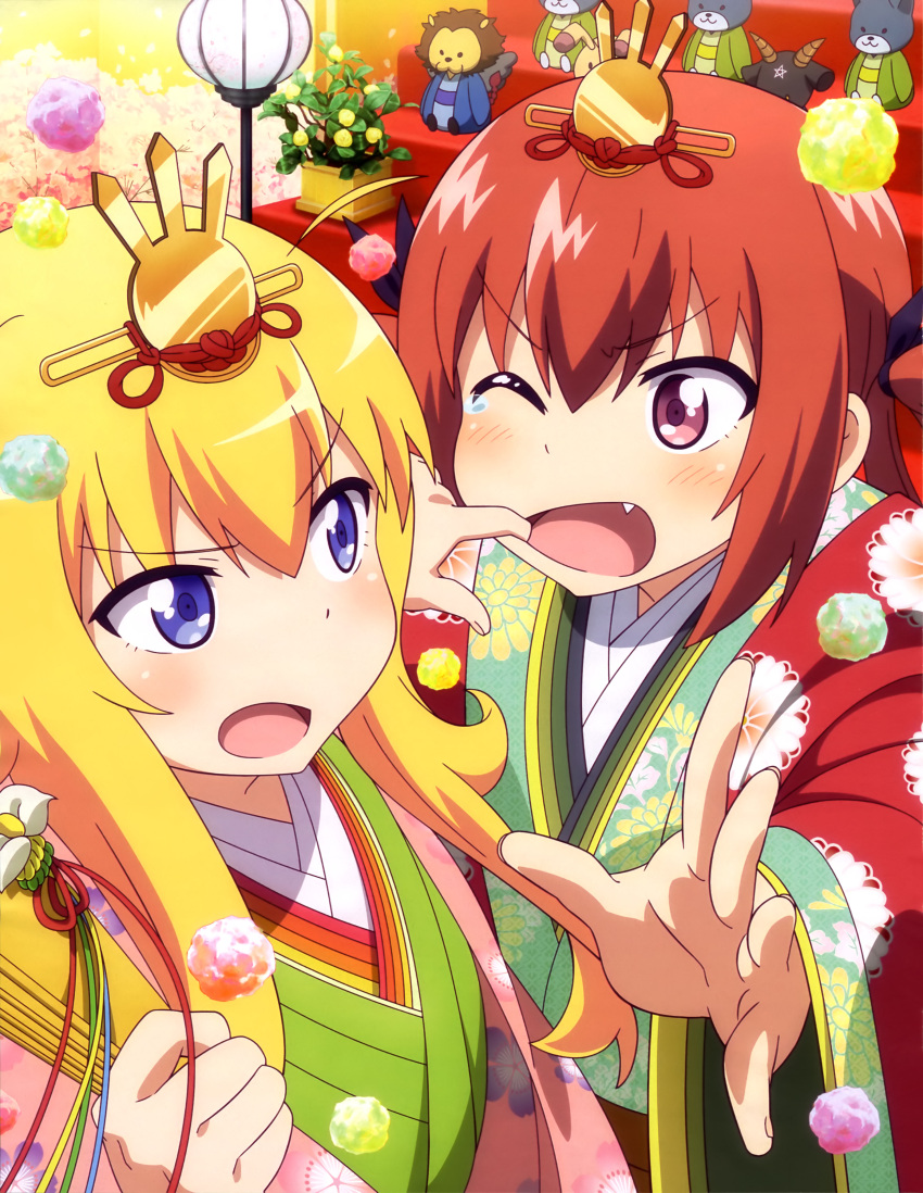 2girls absurdres artist_request blonde_hair fan fang gabriel_dropout highres holding japanese_clothes kurumizawa_satanichia_mcdowell long_hair looking_at_another multiple_girls official_art one_eye_closed open_mouth pink_eyes redhead scan short_hair stuffed_animal stuffed_toy tears tenma_gabriel_white violet_eyes