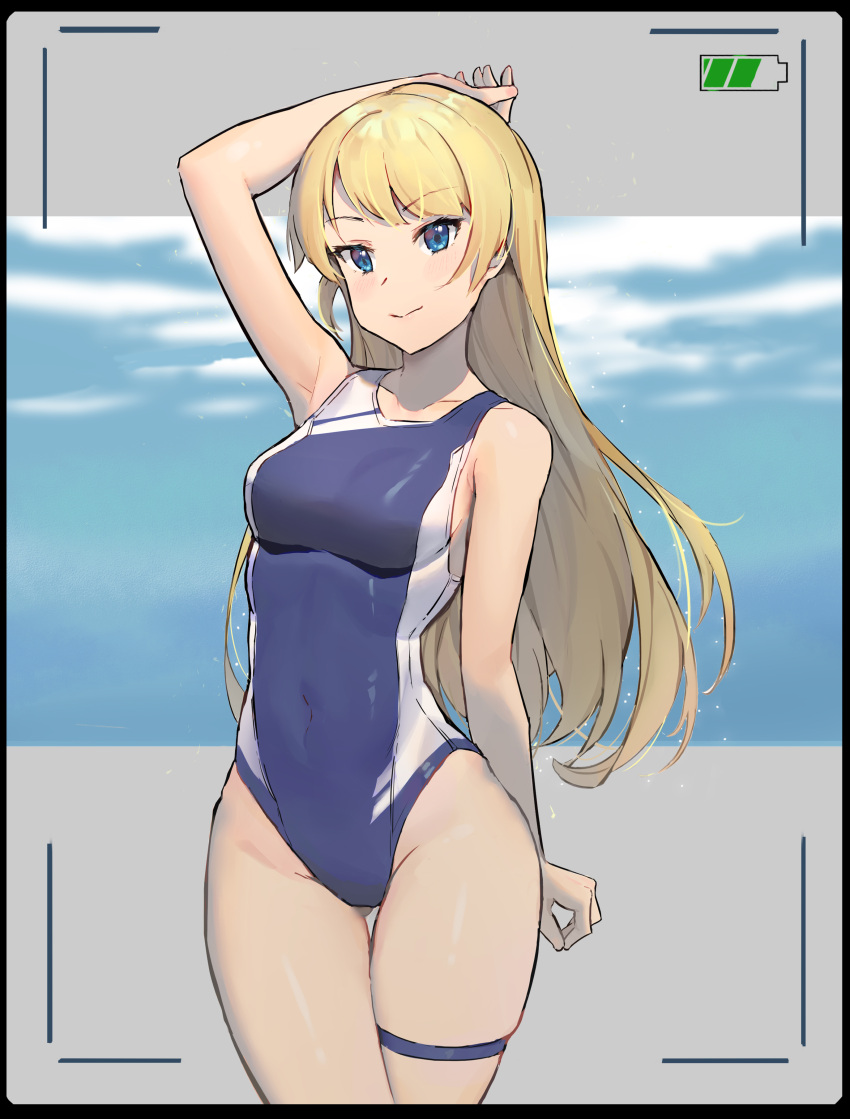 1girl absurdres battery_indicator bh_zhu_baihe_hua blonde_hair blue_swimsuit breasts chinese_commentary commentary_request competition_swimsuit cowboy_shot green_eyes highres long_hair looking_at_viewer medium_breasts one-piece_swimsuit original recording solo standing swimsuit two-tone_swimsuit viewfinder