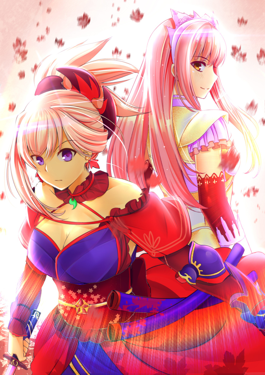 2girls absurdres armor asymmetrical_hair autumn_leaves back-to-back bangs bare_shoulders blush breasts cleavage collarbone detached_collar detached_sleeves earrings elbow_pads fate/grand_order fate_(series) floral_print gu_li hair_between_eyes hair_ornament headband highres holding holding_sword holding_weapon japanese_clothes jewelry katana kimono leaf light_rays long_hair looking_at_viewer looking_back medb_(fate/grand_order) miyamoto_musashi_(fate/grand_order) multiple_girls pink_hair ponytail sash sheath shoulder_armor sword unsheathed violet_eyes weapon yellow_eyes