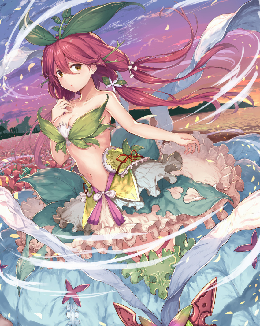 1girl abusoru bare_arms breasts brown_eyes brown_hair character_request cleavage collarbone cowboy_shot field flower flower_field frilled_skirt frills granblue_fantasy hair_between_eyes hair_flower hair_ornament highres leaf leaf_hair_ornament leaf_on_head long_hair looking_at_viewer midriff navel orange_sky petals plant_girl quad_tails red_flower skirt sky solo sunset white_skirt wind yggdrasill_(granblue_fantasy)