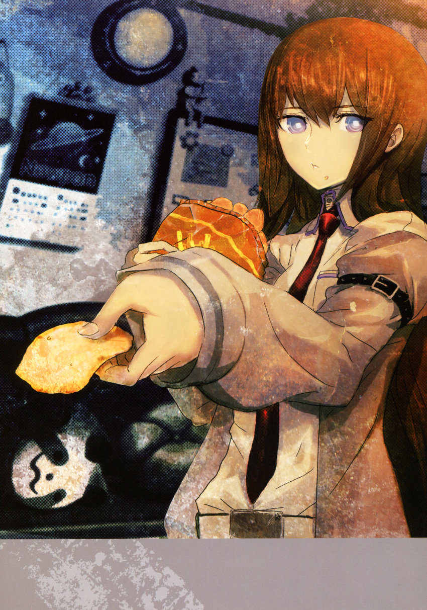 1girl absurdres blue_eyes brown_hair brown_jacket eating highres holding huge_filesize huke indoors jacket long_hair looking_at_viewer makise_kurisu necktie official_art open_clothes open_jacket red_necktie shirt solo steins;gate upper_body white_shirt