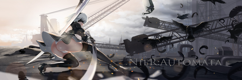 1girl ass augu_(523764197) black_blindfold blindfold boots copyright_name crane feathers grey_hair highres leotard nier_(series) nier_automata pod_(nier_automata) ruins solo sword thigh-highs thigh_boots thighs weapon yorha_no._2_type_b