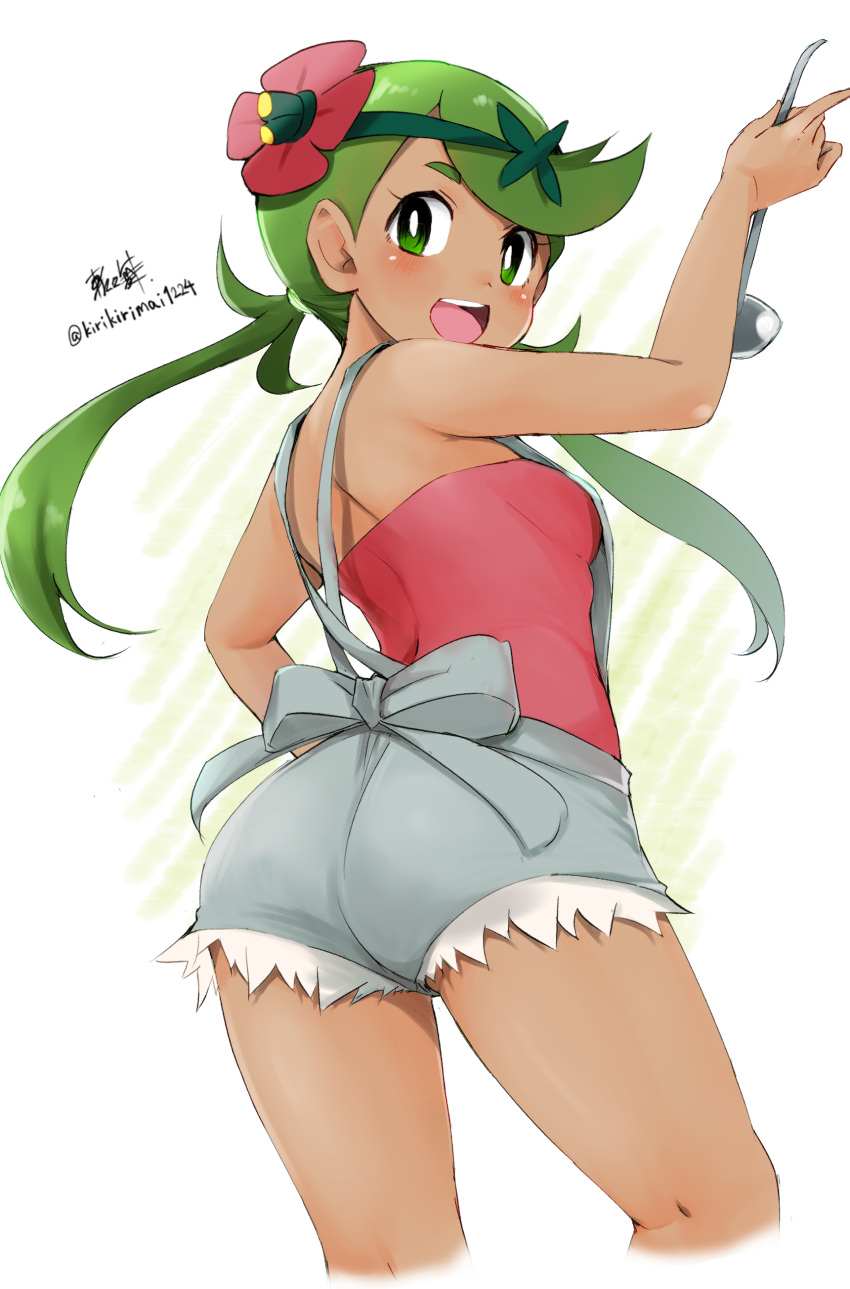 1girl absurdres ass blush breasts cowboy_shot dark_skin flower from_behind green_eyes green_hair hair_flower hair_ornament highres holding kirikirimai_(kkm) ladle long_hair looking_at_viewer looking_back mallow_(pokemon) medium_breasts open_mouth overalls pokemon pokemon_(game) pokemon_sm signature solo trial_captain twintails twitter_username