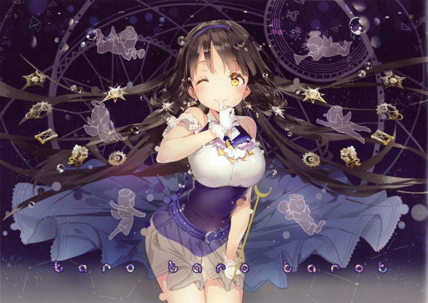 1girl ;) ;d absurdres angel anmi black_hair blue_hairband blue_leotard breasts closed_mouth constellation cowboy_shot english finger_to_mouth floating_hair glint gloves hairband hand_on_lap highres leaning_forward leotard long_hair looking_at_viewer medium_breasts one_eye_closed open_mouth original see-through silhouette sleeveless smile solo very_long_hair white_gloves yellow_eyes zodiac