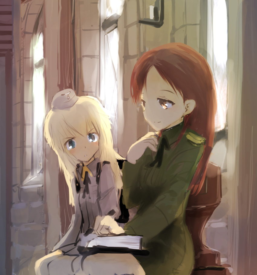 2girls backpack bag blonde_hair eyebrows_visible_through_hair hair_between_eyes hand_on_own_face hat helma_lennartz highres kabuyama_kaigi long_hair military military_hat military_uniform minna-dietlinde_wilcke multiple_girls no_pants redhead ribbon smile strike_witches uniform world_witches_series