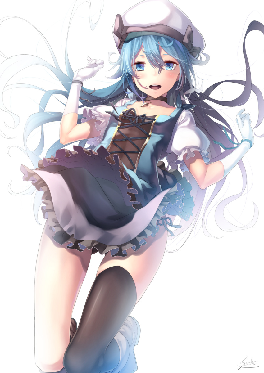 1girl artist_name backlighting bangs beret black_legwear blue_eyes blue_hair blush boots breasts floating_hair frilled_skirt frills gloves hair_between_eyes hands_up hat highres lee-chan_(saraki) long_hair long_legs looking_at_viewer mismatched_legwear open_mouth original panties puffy_short_sleeves puffy_sleeves saraki short_sleeves side-tie_panties signature single_thighhigh skirt small_breasts smile solo teeth thigh-highs thigh_gap thighs underwear white_background white_gloves