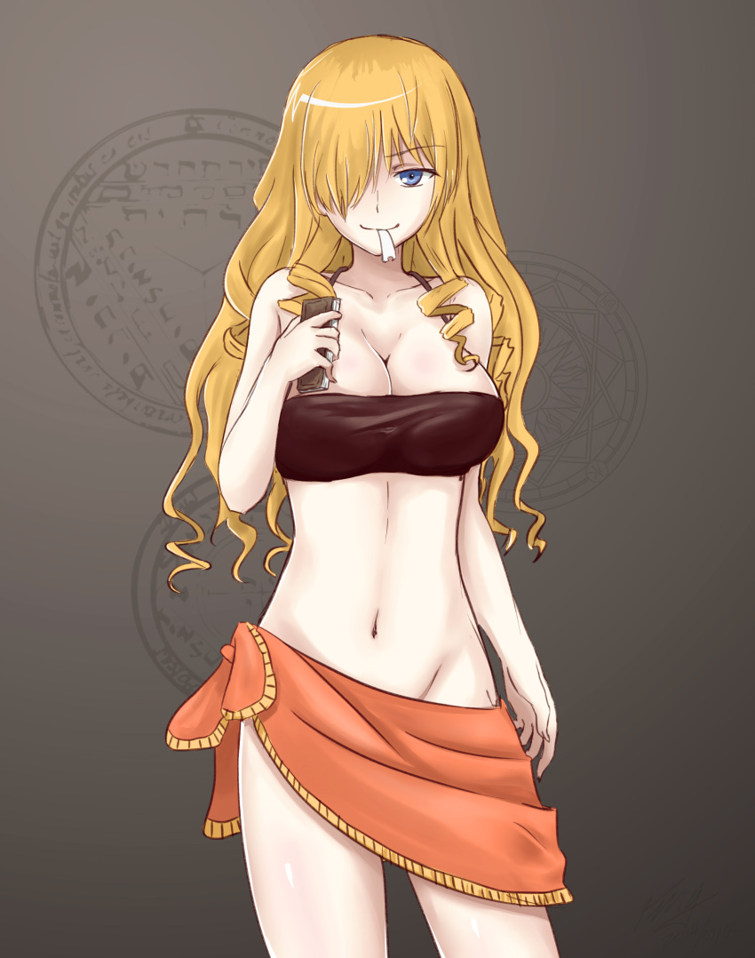 &gt;:) 1girl absurdres bandeau blonde_hair blue_eyes breasts cleavage collarbone cowboy_shot drill_hair fmg groin hair_over_one_eye halterneck highres large_breasts long_hair looking_at_viewer midriff mouth_hold navel oriana_thomason paper sarong smile solo stomach to_aru_majutsu_no_index