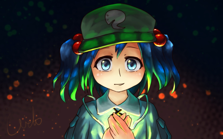 1girl blue_eyes blue_hair dark_background green_hat hair_bobbles hair_ornament hands_clasped hat kawashiro_nitori lights looking_at_viewer touhou two_side_up u-eruto