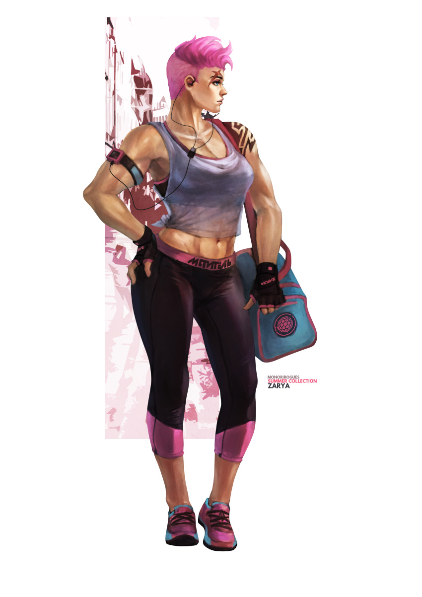 1girl abs absurdres armband bag breasts cable character_name cleavage collarbone commentary completion_time digital_media_player duffel_bag earphones earphones front-tie_top full_body hand_on_hip highres medium_breasts midriff monori_rogue muscle muscular_female navel overwatch pants pink_hair scar scar_across_eye see-through shoes short_hair sneakers solo spandex sports_bra standing tank_top tattoo very_short_hair yoga_pants zarya_(overwatch)