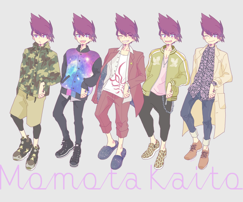 animal_print beard camouflage_hoodie chains dangan_ronpa denim dress-up facial_hair formal goatee highres jacket jeans jewelry khakis leopard_print letterman_jacket loafers looking looking_at_viewer looking_to_the_side male_focus momota_kaito necklace new_dangan_ronpa_v3 open open_mouth pants purple_hair school_uniform shirt shoes short_hair slacks slippers smile space_print spiky_hair starry_sky_print track_jacket track_pants violet_eyes winking