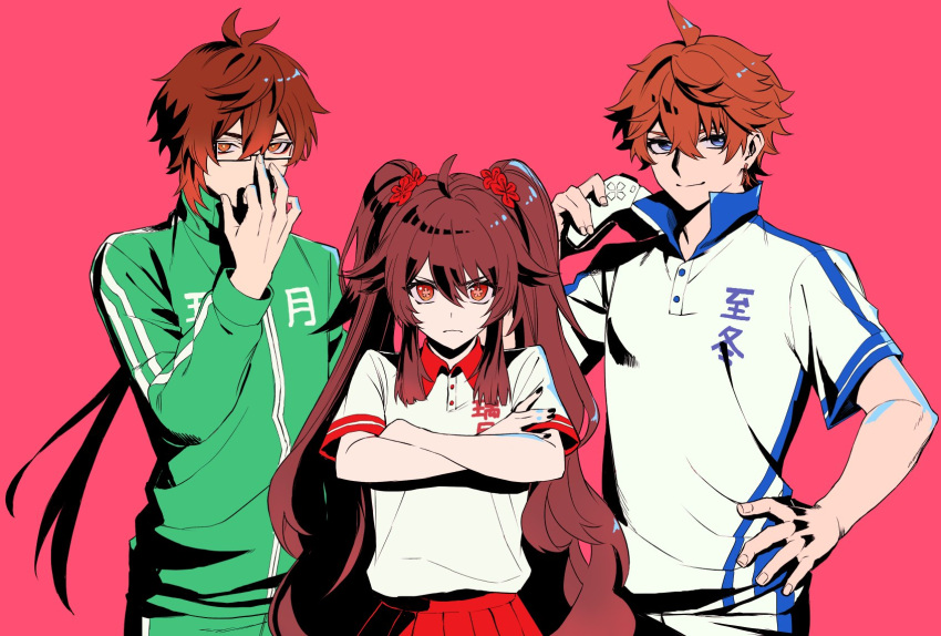 1girl 2boys bangs brown_hair closed_mouth clothes_writing collared_shirt commentary_request controller crossed_arms dualsense earrings flower-shaped_pupils game_controller genshin_impact glasses hair_between_eyes hair_ornament hand_on_hip highres holding hu_tao_(genshin_impact) jacket jewelry long_hair looking_at_viewer multiple_boys multiple_girls official_alternate_costume orange_eyes orange_hair pink_background playstation_controller pleated_skirt ponytail red_eyes red_skirt shirt sidelocks simple_background single_earring skirt symbol-shaped_pupils tartaglia_(genshin_impact) togatamaki track_jacket twintails very_long_hair zhongli_(genshin_impact)