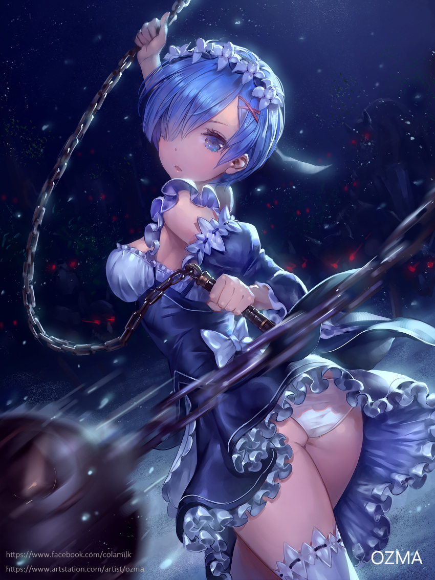 1girl :o action apron arm_up artist_name artstation_username ass bangs black_ribbon black_skirt blue_eyes blue_hair breasts chains collar cowboy_shot detached_collar detached_sleeves dress eyelashes facebook_username flail flower forest frilled_collar frilled_dress frilled_skirt frilled_sleeves frills garters glowing glowing_eyes hair_flower hair_ornament hair_over_one_eye hair_ribbon hand_up hands_up highres holding holding_weapon juliet_sleeves legs_together long_sleeves looking_at_viewer maid maid_headdress medium_breasts monster morning_star nature night night_sky open_mouth outdoors ozma panties pantyshot pantyshot_(standing) puffy_sleeves re:zero_kara_hajimeru_isekai_seikatsu red_eyes rem_(re:zero) ribbon ribbon-trimmed_legwear ribbon-trimmed_sleeves ribbon_trim skirt sky solo standing star_(sky) starry_sky thigh-highs tree underbust underwear upskirt waist_apron weapon white_legwear white_panties wide_sleeves wings x_hair_ornament
