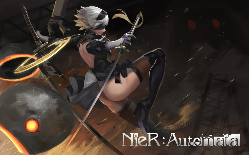 1girl absurdres ass back_opening black_dress black_gloves black_hairband black_legwear black_ribbon blindfold boots breasts closed_mouth copyright_name covered_eyes dress drone feather_trim floating full_body gloves hairband high_heels highleg highleg_leotard highres holding holding_sword holding_weapon juliet_sleeves katana leotard lips long_sleeves machinery medium_breasts nier_(series) nier_automata nose open-back_dress pink_lips pod_(nier_automata) puffy_sleeves ranhao2181547 revision ribbed_dress ribbon robot short_dress short_hair shoulder_blades side_slit silver_hair slashing solo sword tassel thigh-highs thigh_boots thong thong_leotard turtleneck weapon weapon_on_back white_leotard yorha_no._2_type_b