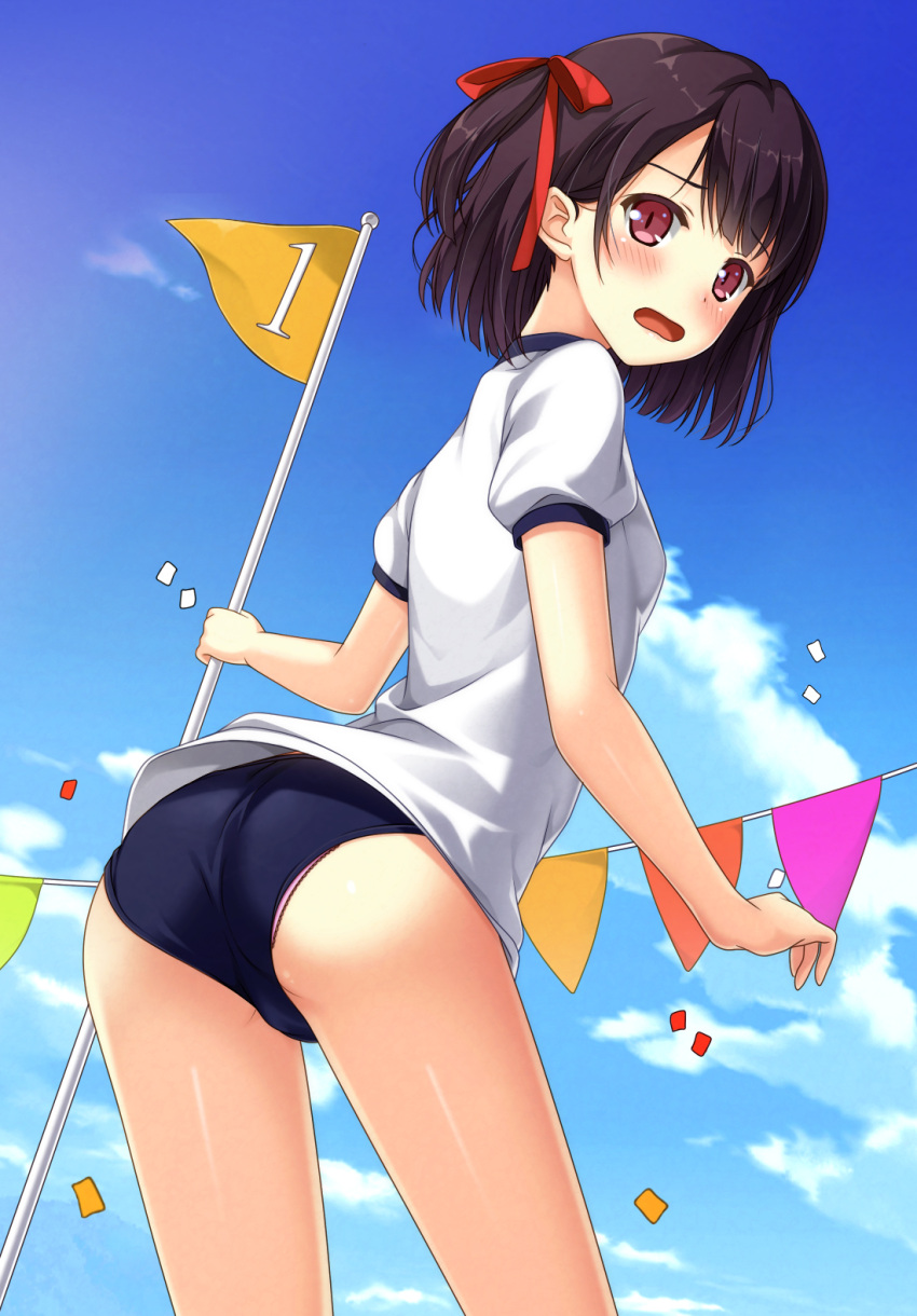 1girl arched_back ass bangs black_hair blue_sky blush breasts buruma clouds cloudy_sky confetti day eyebrows_visible_through_hair from_behind gym_uniform hair_ribbon highres holding_flag lace lace-trimmed_panties looking_at_viewer looking_back one_side_up open_mouth original outdoors panties panties_under_buruma pennant pink_panties red_ribbon ribbon shirt short_hair short_sleeves sky small_breasts solo standing string_of_flags thighs underwear uzuki_hiro violet_eyes wavy_mouth white_shirt