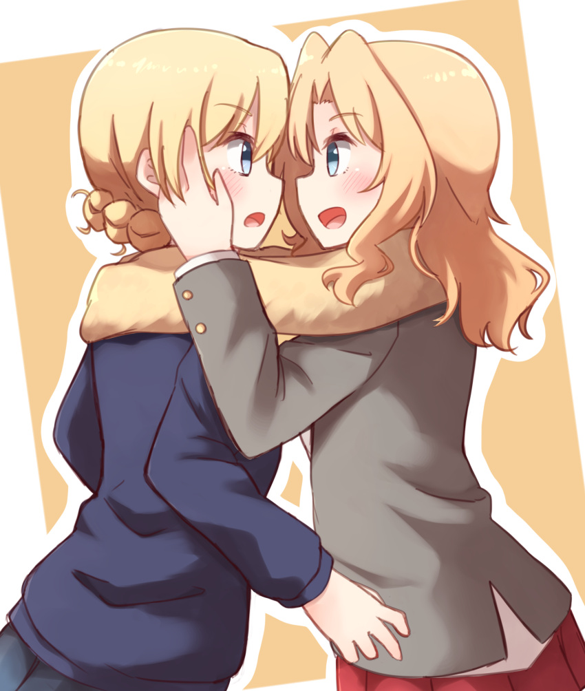 bangs blazer blonde_hair blouse blue_eyes blue_skirt blue_sweater braid couple darjeeling from_side girls_und_panzer grey_jacket hair_intakes hand_on_another's_face highres jacket kapatarou kay_(girls_und_panzer) long_hair long_sleeves looking_at_another miniskirt open_clothes open_jacket open_mouth pleated_skirt red_skirt saunders_school_uniform scarf school_uniform shared_scarf short_hair skirt smile st._gloriana's_school_uniform standing sweater tied_hair twin_braids upper_body white_blouse yellow_background yellow_scarf yuri