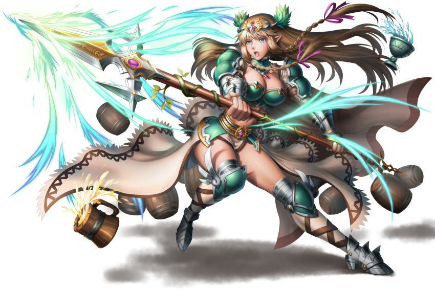 &gt;:o 1girl :o armor armored_boots bangs barrel blue_eyes boots braid breastplate breasts brown_hair chalice circlet cleavage elf fighting_stance floating_hair full_body hair_ribbon highres holding holding_weapon knee_pads kneehighs large_breasts looking_away navel open_mouth original pauldrons pointy_ears polearm purple_ribbon ribbon sidelocks skirt solo spear tachi-e tress_ribbon twin_braids water weapon white_legwear white_skirt youbou