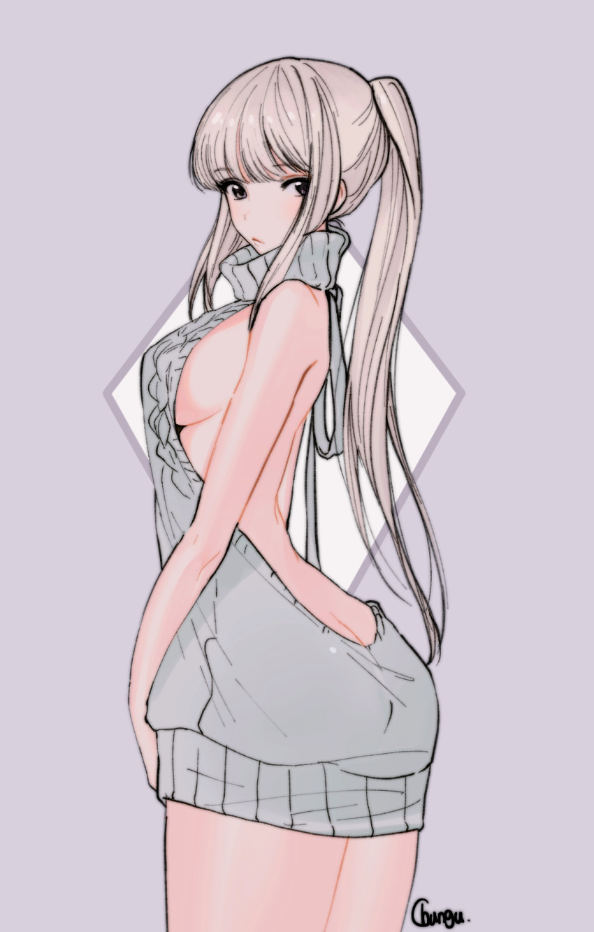 1girl aran_sweater arms_at_sides ass back backless_outfit bangs bare_back bare_shoulders blunt_bangs breasts brown_eyes brown_hair butt_crack chungu drawstring dress eyebrows_visible_through_hair from_behind grey_dress grey_sweater halterneck highres large_breasts legs_together long_hair looking_at_viewer looking_back meme_attire naked_sweater no_bra no_panties no_underwear open-back_dress original ponytail ribbed_sweater short_dress sideboob sidelocks sleeveless sleeveless_turtleneck solo sweater sweater_dress turtleneck turtleneck_sweater virgin_killer_sweater
