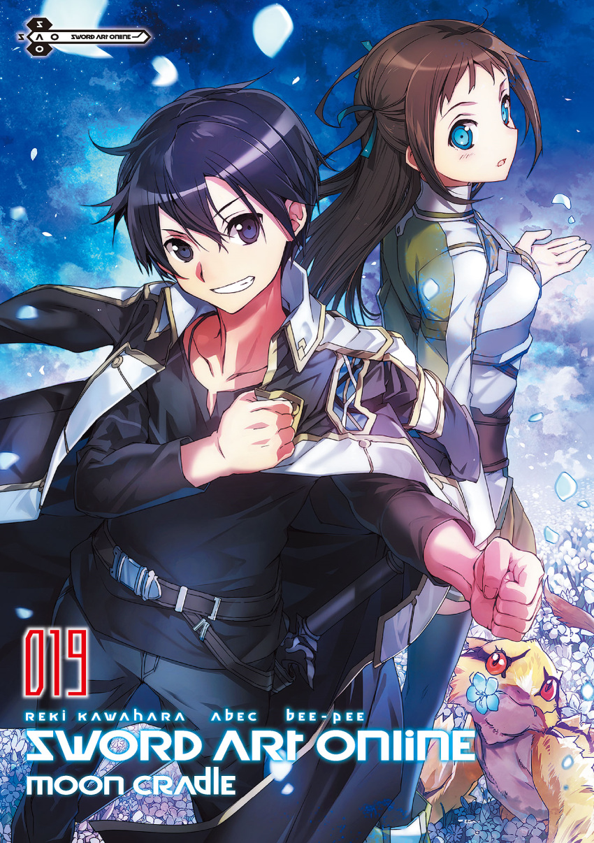 1boy 1girl abec artist_name black_eyes black_hair black_pants black_shirt blue_flower blue_legwear blue_ribbon bow brown_hair character_request clenched_hand collarbone copyright_name cover cover_page floating_hair grin hair_bow hair_ribbon highres kirito long_hair looking_at_viewer mouth_hold novel_cover official_art pants petals red_eyes ribbon shirt smile standing sword_art_online thigh-highs