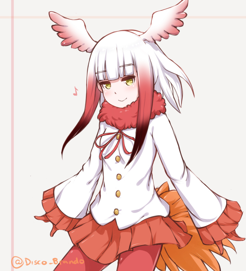 1girl crested_ibis_(kemono_friends) disco_brando eyebrows_visible_through_hair highres kemono_friends long_sleeves looking_at_viewer multicolored_hair musical_note pantyhose red_legwear red_ribbon redhead ribbon solo thigh-highs white_hair wings yellow_eyes
