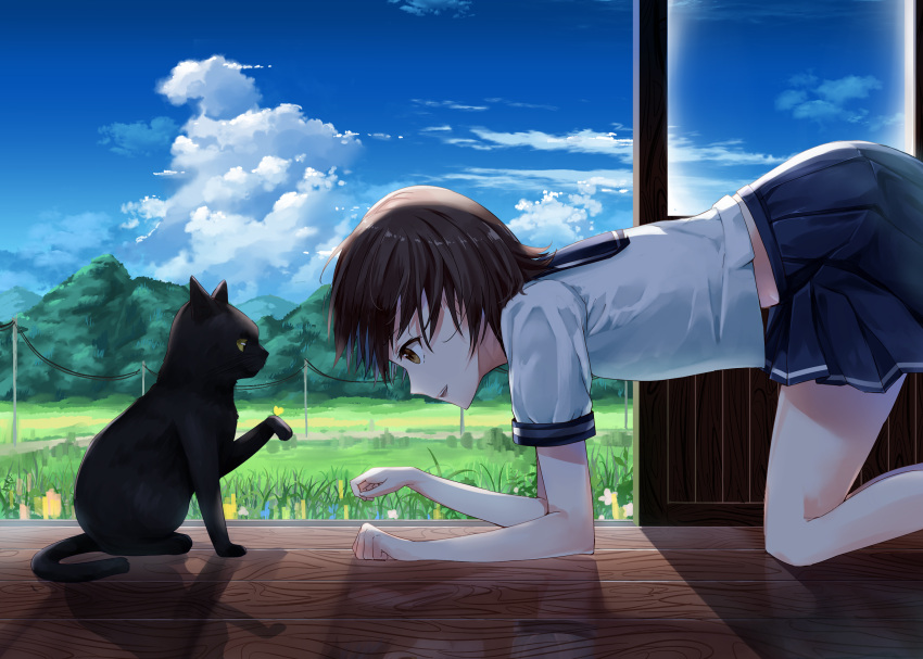 1girl all_fours bangs black_cat blue_skirt blue_sky brown_eyes brown_hair cat clouds cloudy_sky day eyebrows_visible_through_hair from_side grass hand_up highres kooan looking_at_another open_mouth original paw_pose pleated_skirt school_uniform serafuku short_hair skirt sky smile solo summer teeth veranda