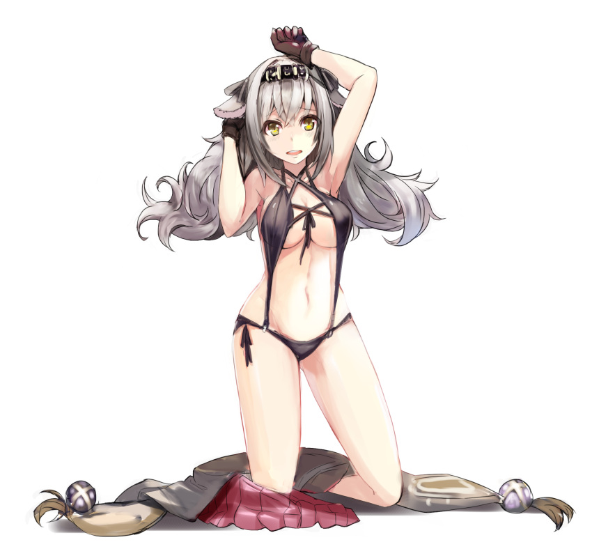 1girl animal_ears arm_up armpits bangs bikini black_bikini black_gloves breasts cleavage copyright_request eyebrows_visible_through_hair full_body gloves grey_hair hair_between_eyes hair_ornament hand_up highres kneeling long_hair looking_at_viewer medium_breasts navel open_mouth pleated_skirt purple_skirt revealing_clothes rods simple_background skirt skirt_around_one_leg smile solo swimsuit teeth under_boob white_background yellow_eyes