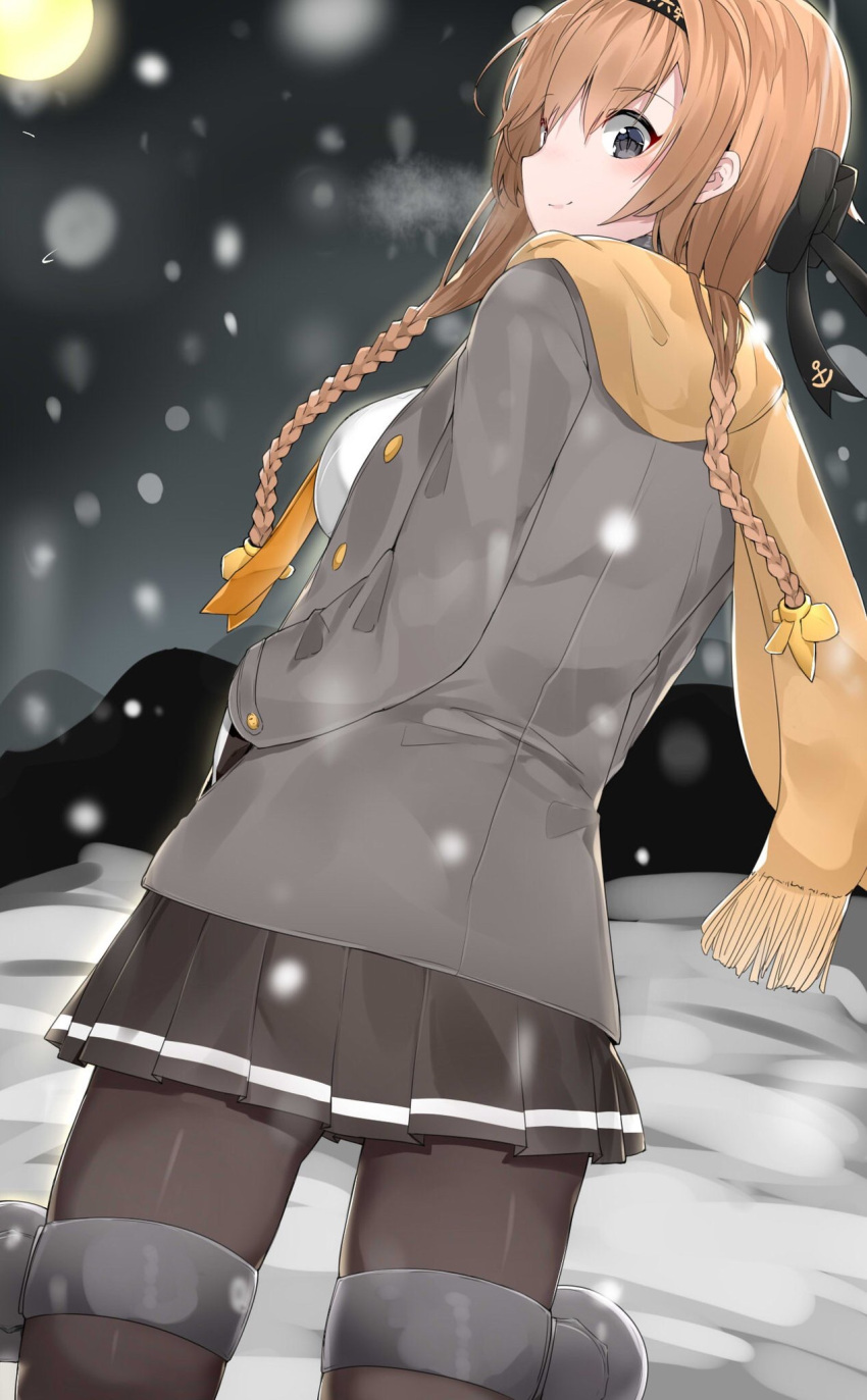 bow breasts brown_hair grey_eyes hair_ornament highres kantai_collection looking_back moon pantyhose pleated_skirt scarf skirt smile snow suzuharu_(suzuharu0612) teruzuki_(kantai_collection)