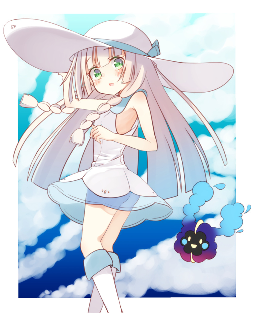 1girl agaki_anko ass bag bangs blonde_hair blue_ribbon blue_shoes blunt_bangs braid breasts collared_dress cosmog dress duffel_bag from_behind green_eyes hat hat_ribbon highres holding holding_hat lillie_(pokemon) long_hair looking_at_viewer pokemon pokemon_(creature) pokemon_(game) pokemon_sm ribbon see-through shoes sleeveless sleeveless_dress small_breasts sun_hat sundress twin_braids white_dress white_hat