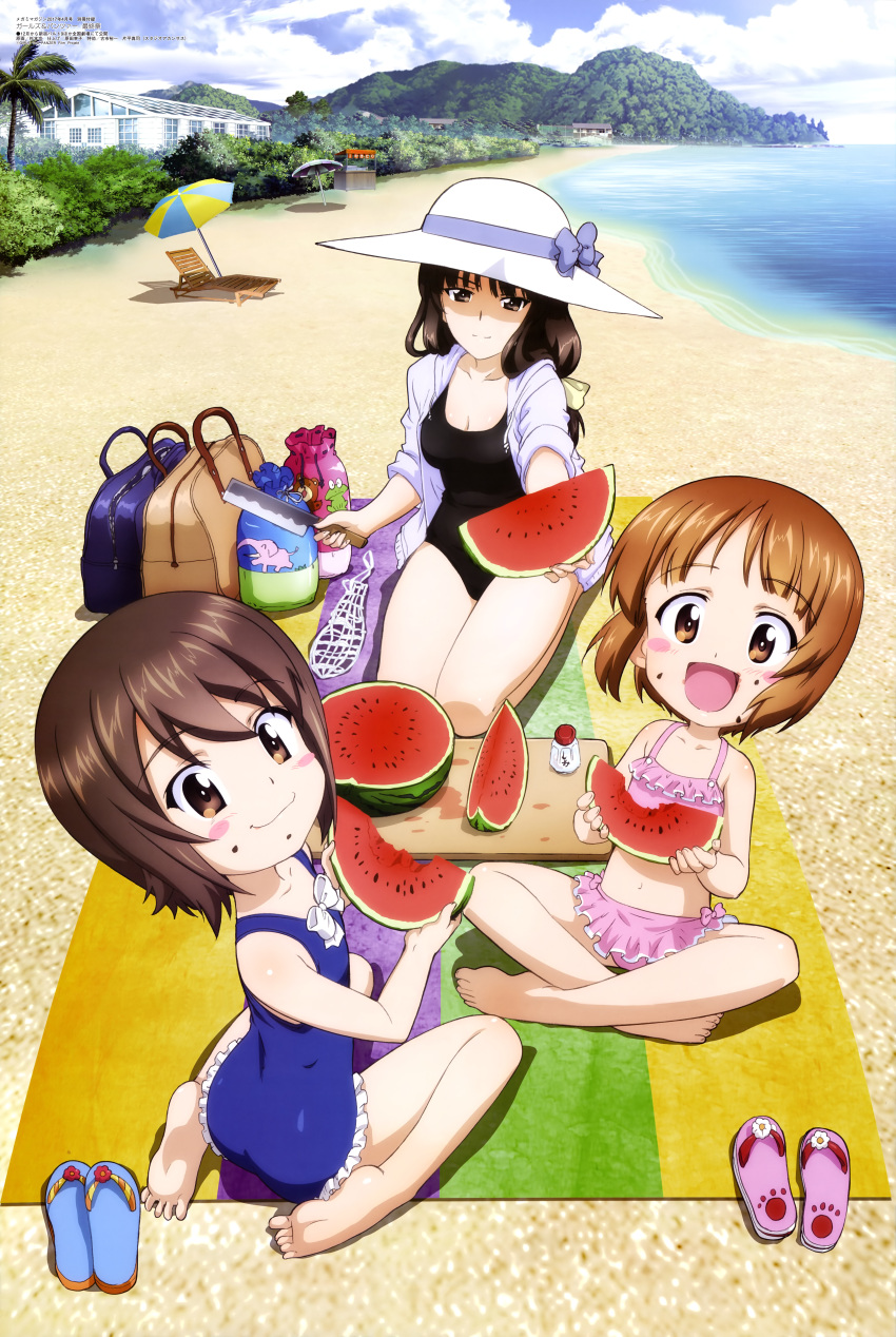 3girls :d absurdres bag barefoot beach beach_chair beach_house beach_towel beach_umbrella bikini black_hair black_swimsuit blue_swimsuit blush_stickers bow breasts brown_eyes brown_hair casual_one-piece_swimsuit cleavage eating feet food frilled_swimsuit frills fruit girls_und_panzer giving hair_bow handbag hat highres horizon indian_style jacket jacket_over_swimsuit knife long_hair looking_at_viewer looking_back low-tied_long_hair mother_and_daughter mountain multiple_girls navel nishizumi_maho nishizumi_miho nishizumi_shiho ocean official_art one-piece_swimsuit open_mouth palm_tree pink_bikini salt_shaker sandals sandals_removed scan shiny shiny_hair shoes_removed short_hair siblings sisters sitting sleeves_rolled_up smile soles striped_towel sun_hat swimsuit toes towel tree umbrella wariza watermelon younger