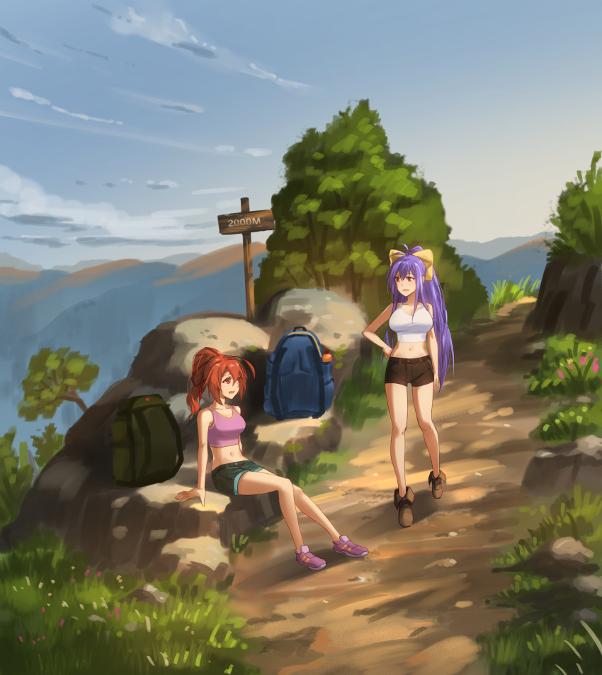 2girls absurdres ahoge antenna_hair backpack bag blazblue blue_hair blue_sky bow breasts brown_eyes brown_hair bush celica_a_mercury clouds day evening full_body genderswap genderswap_(mtf) grass hair_between_eyes hair_bow hair_ribbon hand_on_hip highres hiking large_breasts long_hair looking_at_another mai_natsume medium_breasts midriff mountain multiple_girls nature navel open_mouth outdoors plant ponytail ribbon road_sign rock scenery sendrawz shoes short_shorts shorts sidelocks sign sitting sky standing tank_top tired trail tree very_long_hair violet_eyes