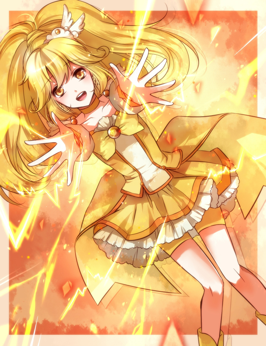 1girl an-mar blonde_hair choker collarbone cure_peace eyebrows_visible_through_hair floating_hair hair_ornament high_ponytail highres kise_yayoi long_hair looking_at_viewer magical_girl open_mouth precure shorts shorts_under_skirt skirt smile_precure! solo very_long_hair yellow_eyes yellow_shorts yellow_skirt