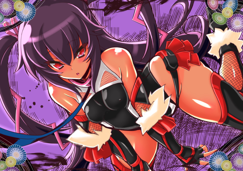 1girl ass bare_shoulders black_gloves black_hair black_legwear breasts elbow_gloves erect_nipples fingerless_gloves gloves hata_(transistor_baby) high_heels leotard long_hair looking_at_viewer mizuki_yukikaze parted_lips red_eyes solo taimanin_(series) taimanin_yukikaze tan thigh-highs twintails very_long_hair