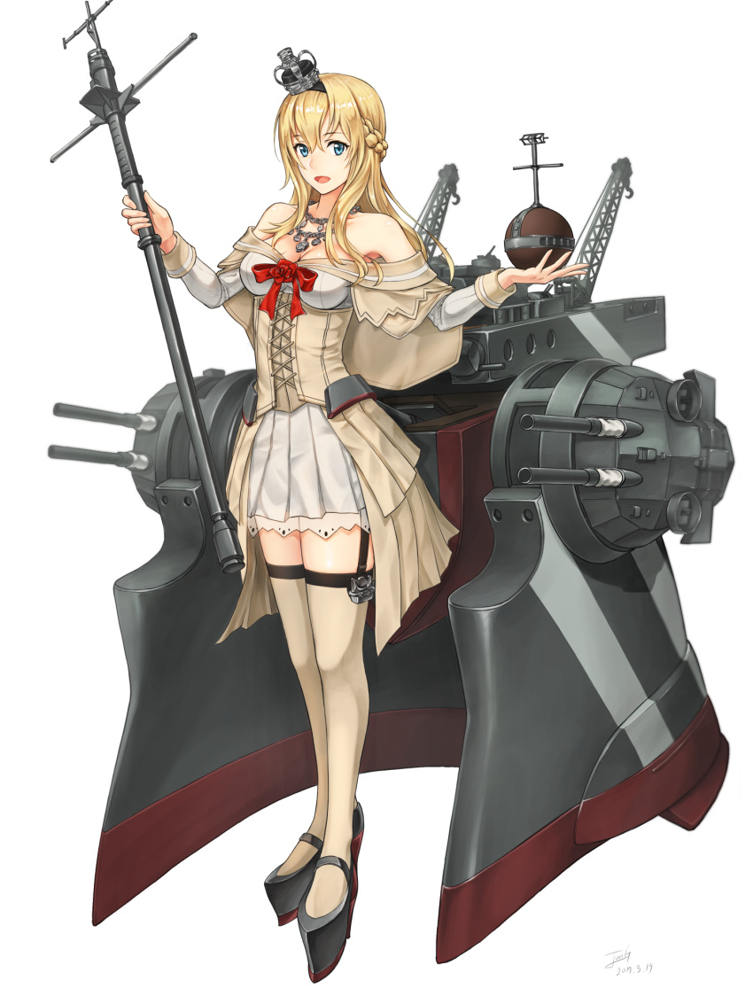 1girl baek_hyang bare_shoulders blonde_hair blue_eyes braid breasts cannon corset crown dress flower french_braid garter_straps globus_cruciger hairband highres jewelry kantai_collection long_hair long_sleeves machinery mary_janes mini_crown necklace off-shoulder_dress off_shoulder red_ribbon red_rose ribbon rose scepter shoes smile solo standing thigh-highs throne turret warspite_(kantai_collection) white_dress white_legwear