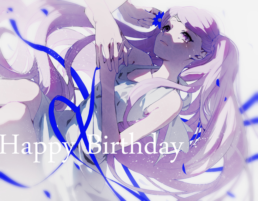 1girl blue_ribbon blurry braid closed_mouth crying crying_with_eyes_open dress g.g.lemon happy_birthday highres interlocked_fingers kakumeiki_valvrave lieselotte_w_dorssia light_smile long_hair looking_at_another lying on_back out_of_frame purple_hair ribbon solo_focus tears twintails very_long_hair violet_eyes white_dress