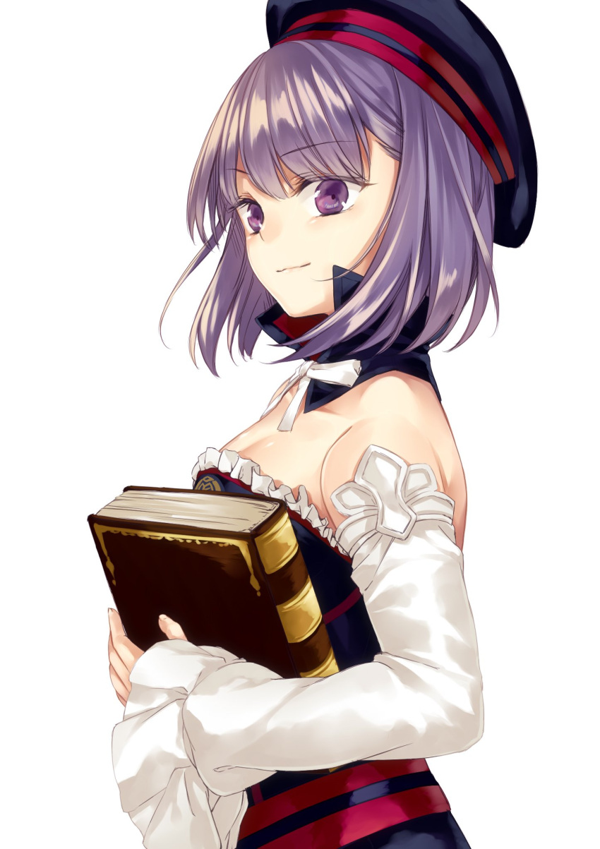 1girl bare_shoulders book detached_sleeves fate/grand_order fate_(series) hat helena_blavatsky_(fate/grand_order) highres holding holding_book looking_at_viewer purple_hair saijou_yukina short_hair simple_background smile solo strapless tree_of_life violet_eyes white_background