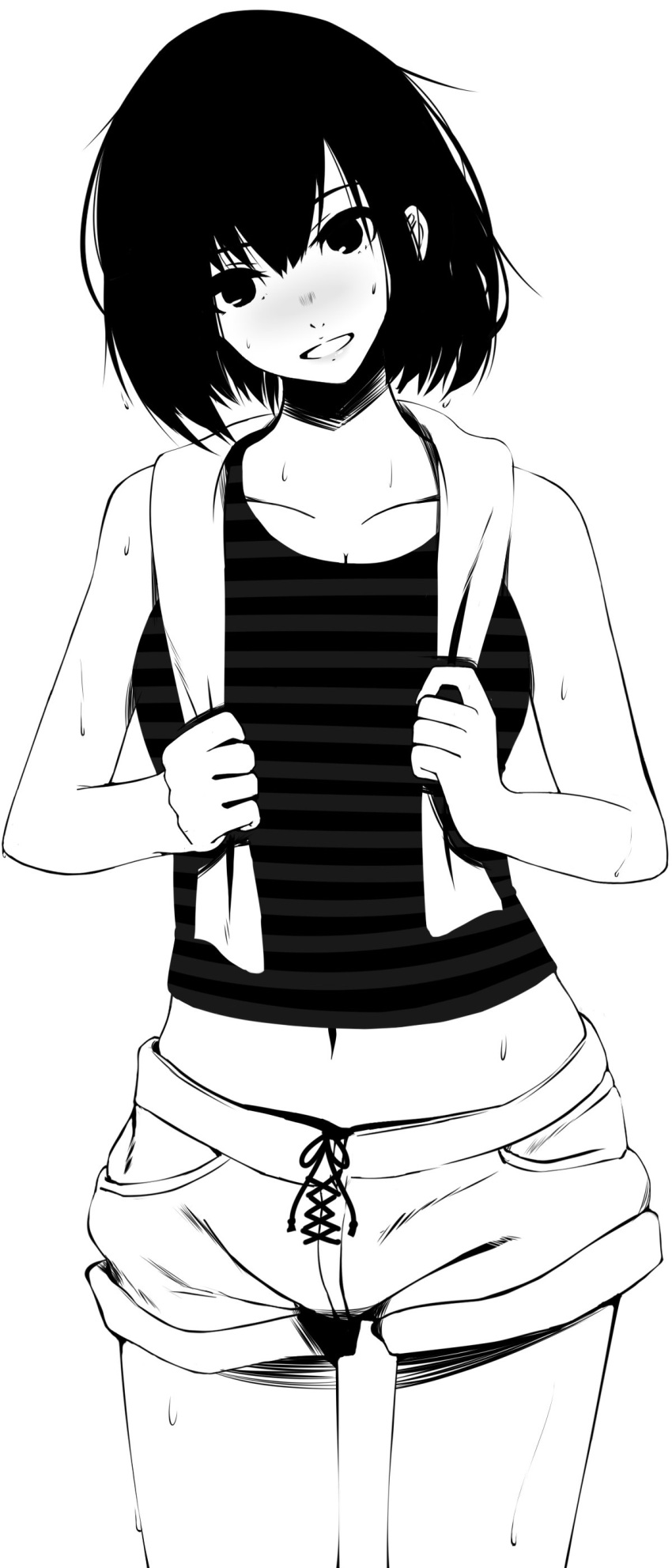 1girl absurdres bangs bare_shoulders blush cowboy_shot greyscale head_tilt highres looking_at_viewer midriff monochrome navel original parted_lips rur_(ml_ruru) shirt shorts solo striped striped_shirt sweat tank_top towel towel_around_neck white_background