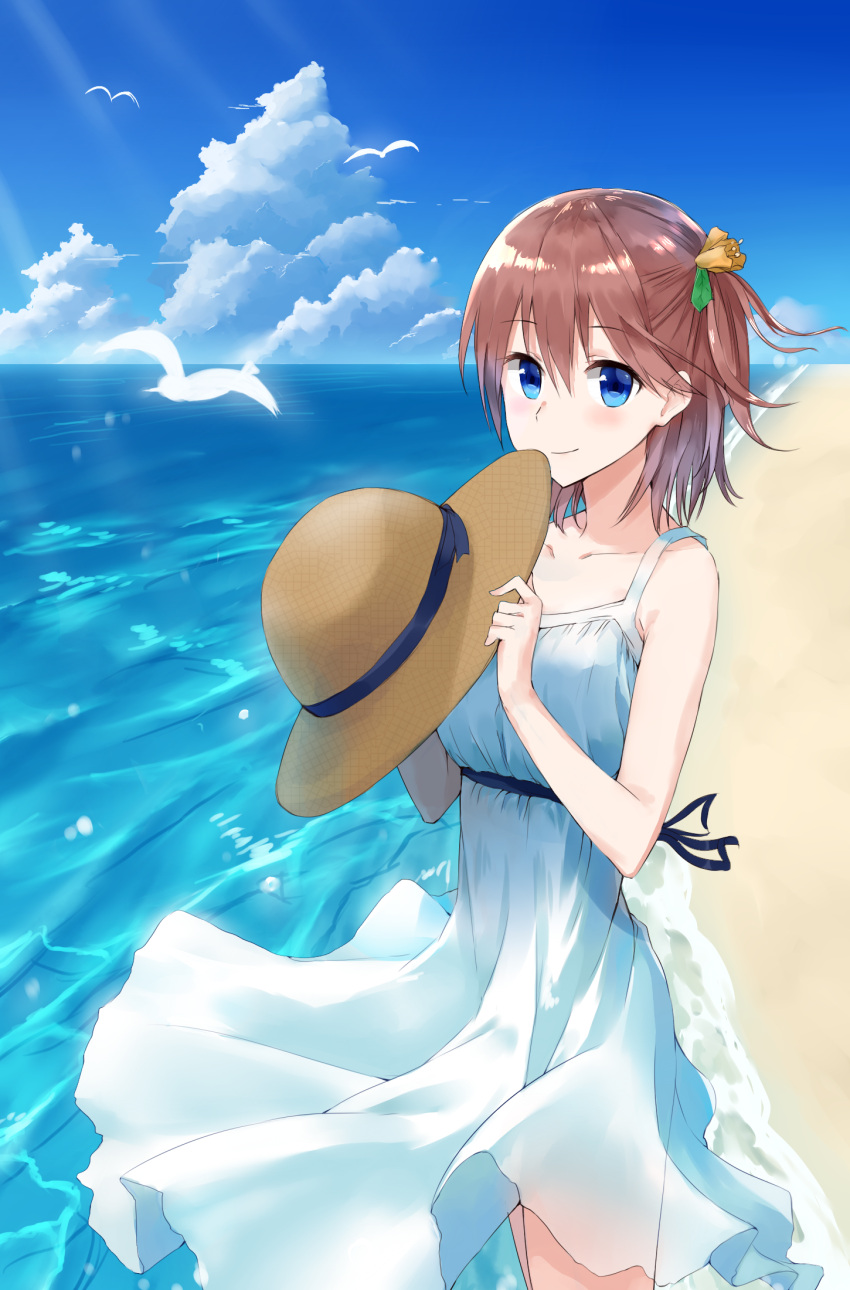 1girl bangs beach bird blue_eyes blue_sky blush brown_hair closed_mouth clouds cloudy_sky day dove dress dress_lift eyebrows_visible_through_hair hair_between_eyes hands_up hat highres holding holding_hat kooan looking_at_viewer ocean one_side_up original outdoors sky smile solo standing straw_hat sundress white_dress wind wind_lift