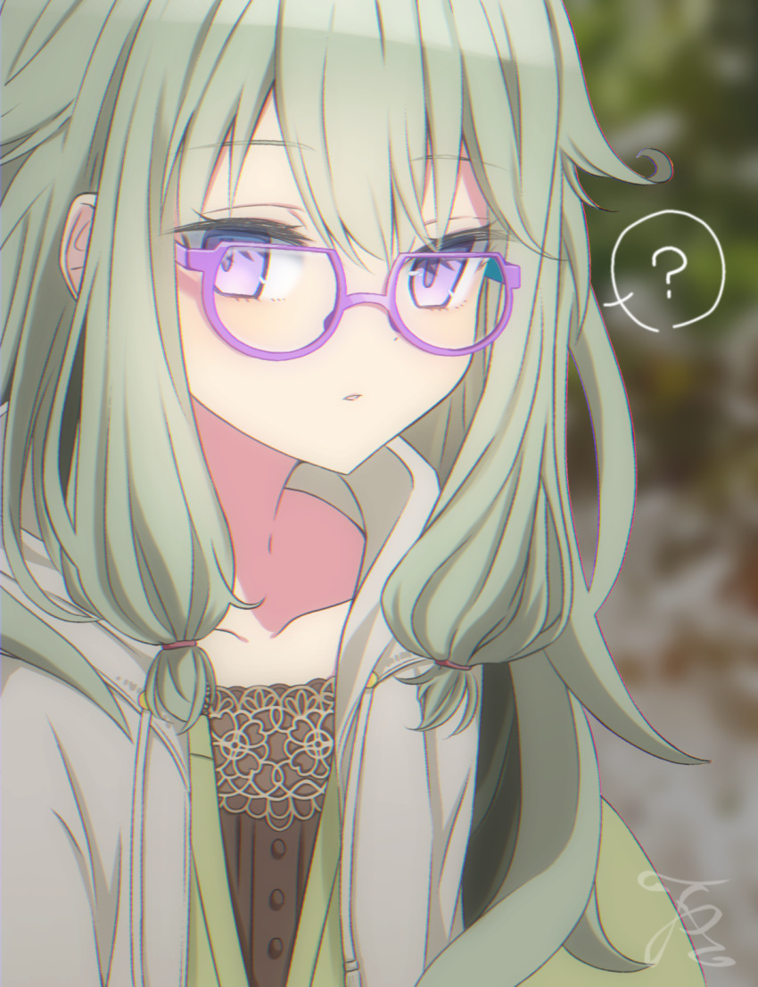 1girl ? bespectacled blurry blurry_background brown_camisole buttons camisole cardigan casual collarbone drawstring esreverebirth glasses green_cardigan hair_flaps highres hood hood_down kusanagi_nene lace-trimmed_camisole lace_trim layered_clothes light_green_hair long_hair looking_at_viewer low-tied_long_hair open_clothes outdoors parted_lips project_sekai purple-framed_eyewear semi-circular_eyewear signature solo spoken_question_mark upper_body violet_eyes
