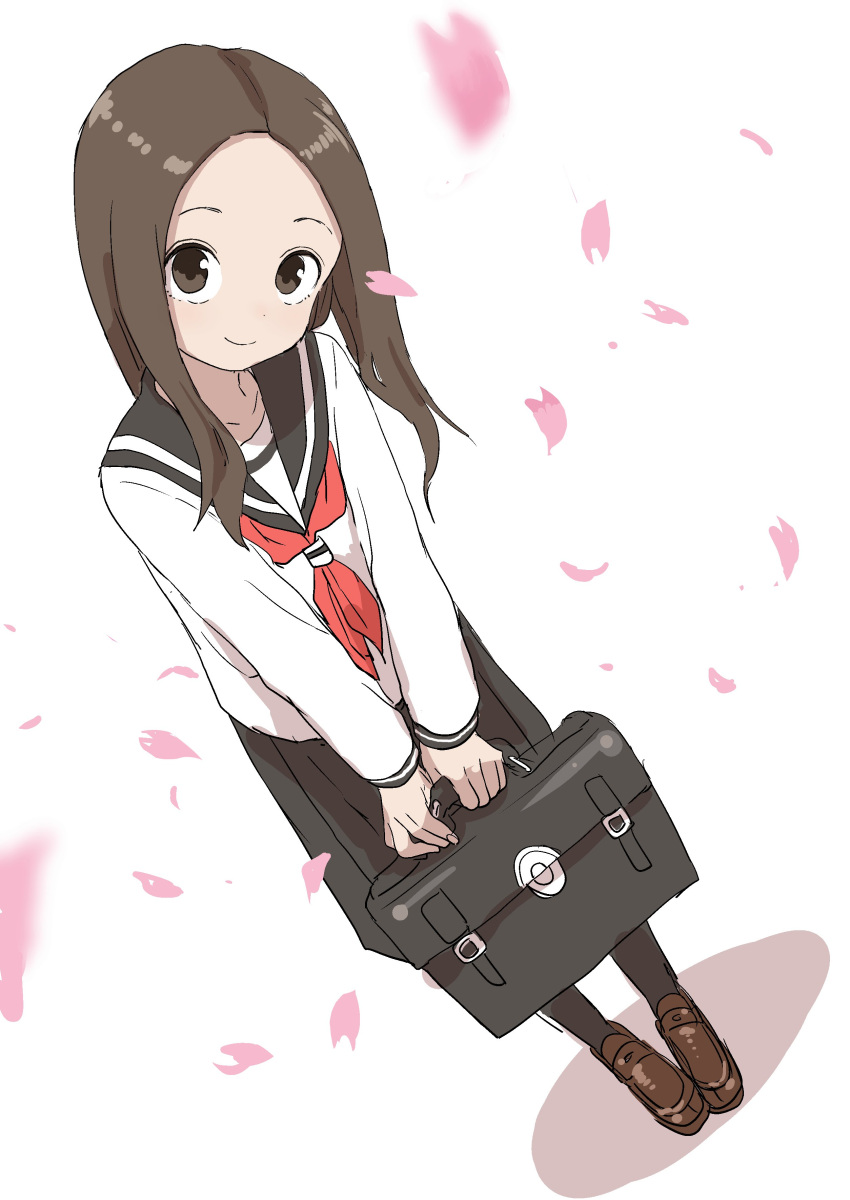absurdres black_legwear black_sailor_collar black_skirt blouse briefcase brown_eyes brown_hair brown_shoes cherry_blossoms closed_mouth foreshortening highres holding holding_briefcase karakai_jouzu_no_takagi-san loafers long_hair long_sleeves looking_at_viewer necktie petals pleated_skirt red_necktie sailor_collar school_uniform serafuku shoes simple_background skirt smile takagi-san white_background white_blouse yamamoto_souichirou
