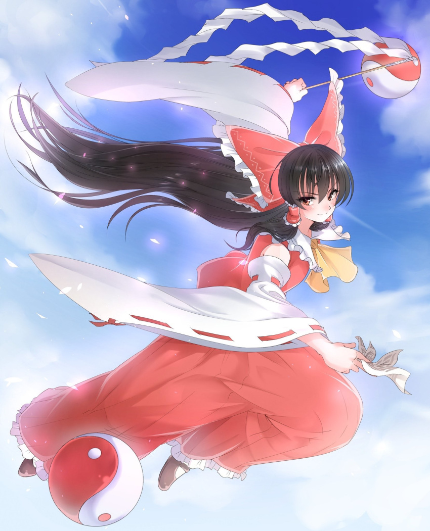 &gt;:) 1girl ascot bangs black_hair blush bow brown_eyes closed_mouth detached_sleeves floating_hair flying from_side full_body hair_between_eyes hair_bow hair_tubes hakama hakurei_reimu highres japanese_clothes koro_(tyunnkoro0902) long_hair long_sleeves looking_at_viewer looking_to_the_side miko ofuda oonusa red_bow red_shirt ribbon-trimmed_sleeves ribbon_trim shirt sidelocks sleeveless sleeveless_shirt smile solo touhou very_long_hair wide_sleeves yin_yang_orb