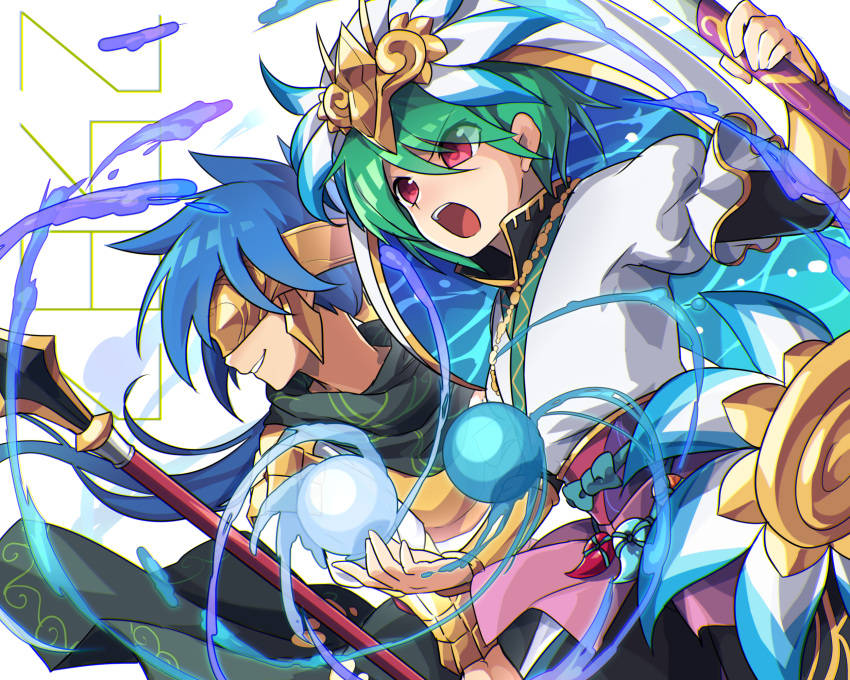 2boys armor blue_hair brothers green_hair grin headdress highres japanese_clothes kozakura_(dictionary) magatama male_focus mask multiple_boys obi open_mouth polearm puzzle_&amp;_dragons red_eyes sash scarf siblings smile spear sword umisachi_&amp;_yamasachi_(p&amp;d) water weapon