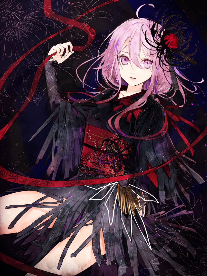 1girl ahoge black_flower black_kimono dutch_angle floral_background flower g.g.lemon guilty_crown hair_between_eyes hair_flower hair_ornament highres holding_ribbon japanese_clothes kimono kimono_skirt legs_apart long_hair looking_at_viewer low_twintails obi parted_lips pink_eyes pink_hair red_flower red_ribbon ribbon sash solo spider_lily twintails yuzuriha_inori