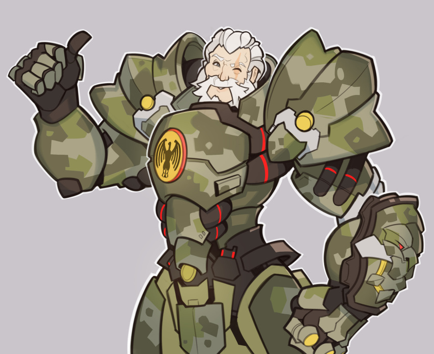 1boy armor beard facial_hair highres overwatch reinhardt_(overwatch) scar short_hair smile splashbrush thumbs_up white_hair