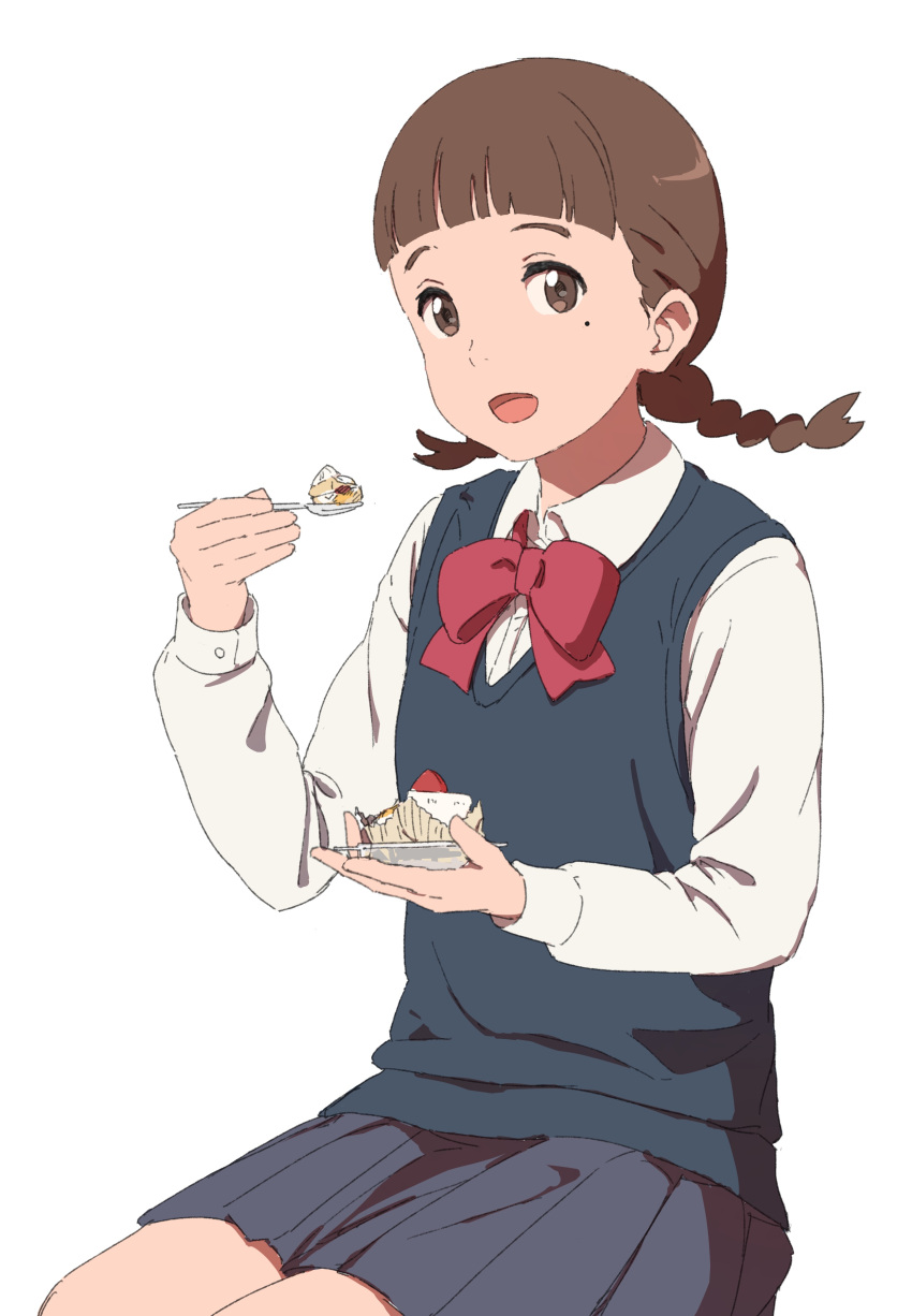 1girl absurdres bangs blouse blue_skirt blunt_bangs braid brown_eyes brown_hair cake collared_blouse eating food fork fruit highres holding holding_fork holding_plate kimi_no_na_wa legs_together long_sleeves looking_at_viewer mole mole_under_eye natori_sayaka open_mouth plate pleated_skirt school_uniform simple_background sitting skirt smile solo strawberry sweater_vest twin_braids white_background white_blouse youmak