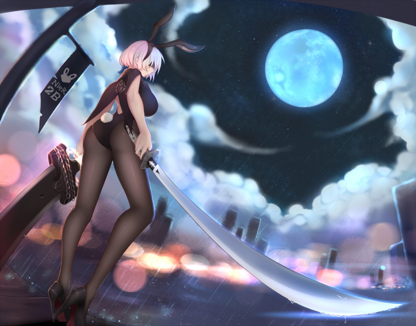 1girl adapted_costume animal_ears ass back_opening bare_shoulders black_leotard black_shoes blindfold breasts broadsword brown_legwear bunny_girl bunny_tail bunnysuit chains character_name closed_mouth clouds cloudy_sky copyright_name covered_eyes dress dual_wielding fake_animal_ears from_behind from_below from_side full_body full_moon glint greatsword hanami_dango_(zzldango) high_heels highleg highleg_leotard highres holding holding_sword holding_weapon huge_weapon katana large_breasts leotard moon nier_(series) nier_automata night night_sky open-back_dress outdoors pantyhose profile rabbit_ears rain shoes short_hair silver_hair sky solo standing star_(sky) starry_sky sword tail weapon white_hair yorha_no._2_type_b