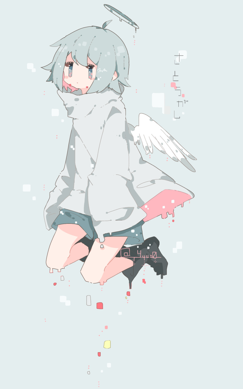 1girl absurdres ahoge angel angel_wings baggy_clothes blue_eyes blue_hair blush bob_cut boots capelet eyelashes feathered_wings floating flower halo highres long_sleeves mini_wings original pale_skin pastel_colors short_hair shorts solo wings yuuo0