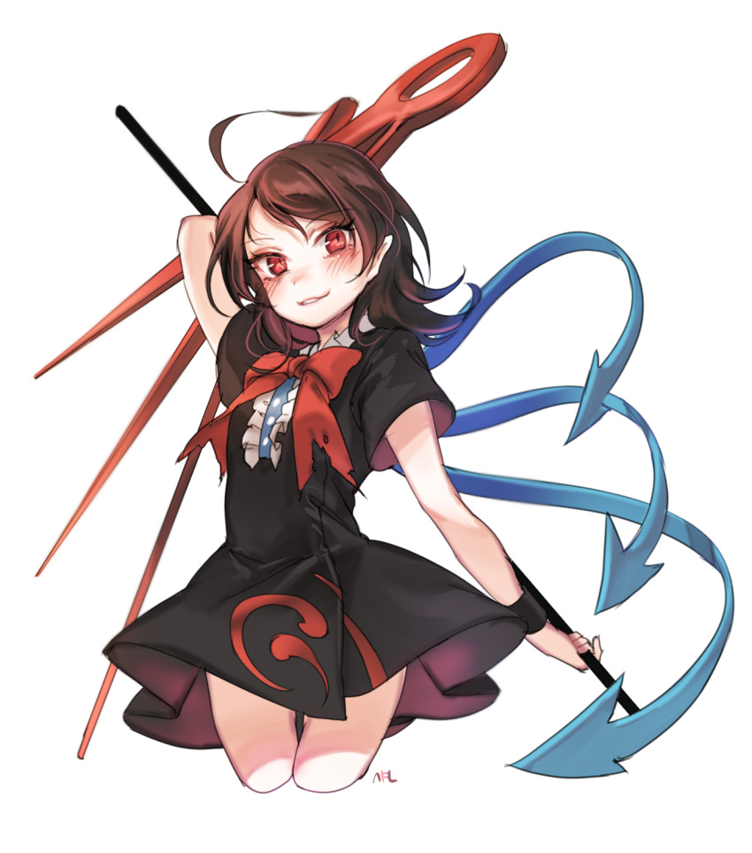 1girl ahoge asymmetrical_wings bent_knees black_dress black_hair blush bow bowtie cowboy_shot cropped_legs dress full_body highres holding holding_staff houjuu_nue looking_at_viewer parted_lips red_bow red_bowtie red_eyes short_sleeves simple_background smile solo staff tis_(shan0x0shan) touhou white_background wings wristband