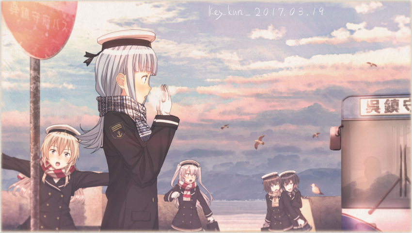 2017 5girls absurdres amatsukaze_(kantai_collection) artist_name black_coat black_hair blonde_hair blue_eyes breath brown_eyes bus bus_stop commentary_request dated gloves ground_vehicle hat hatsukaze_(kantai_collection) highres holding_bag kantai_collection key_kun long_hair long_sleeves motor_vehicle multicolored multicolored_clothes multicolored_scarf multiple_girls scarf shimakaze_(kantai_collection) short_hair sidelocks silver_hair striped striped_scarf tokitsukaze_(kantai_collection) two_side_up white_gloves white_hat winter yukikaze_(kantai_collection)