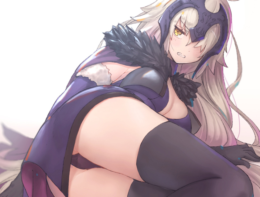 1girl angry asarokuji ass black_panties blonde_hair blush breasts fate/grand_order fate_(series) hair_over_one_eye headpiece highres jeanne_alter long_hair looking_at_viewer panties ruler_(fate/apocrypha) simple_background solo thigh-highs underwear white_background yellow_eyes