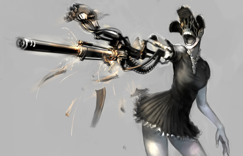 1girl android breasts damaged dress mecha_musume mechanical_arms open_mouth original parts_exposed skirt skull tagme teeth weapon