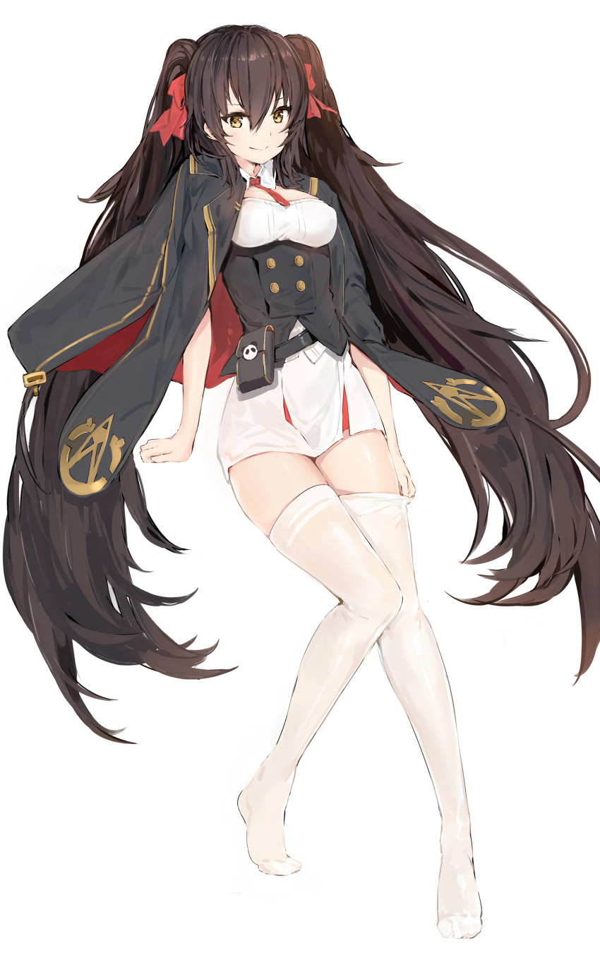 1girl absurdres bangs belt black_hair blush brown_eyes commentary_request dress eyebrows_visible_through_hair girls_frontline hair_between_eyes hair_ribbon highres jacket_on_shoulders long_hair looking_at_viewer mini_necktie necktie pouch qbz-97_(girls_frontline) ribbon silver_(chenwen) simple_background smile solo thigh-highs twintails underbust very_long_hair white_background white_dress white_legwear